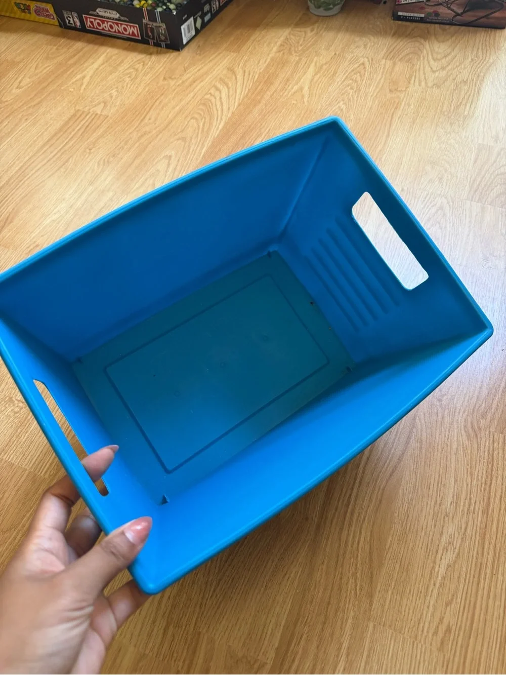 Blue Plastic Storage Bin with Handles - Home Organization